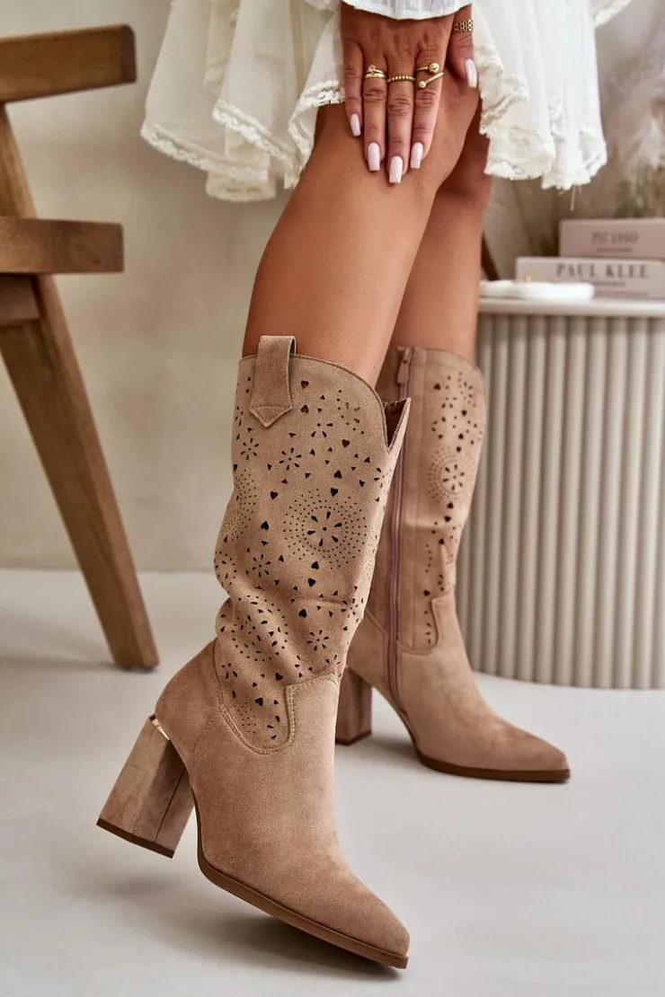 Boto Botki Na Słupku|Botki Ażurowe*Ażurowe Botki Damskie Na Słupku Z Noskami W Szpic Eko Zamszowe Ciemnobeżowe Nevithra