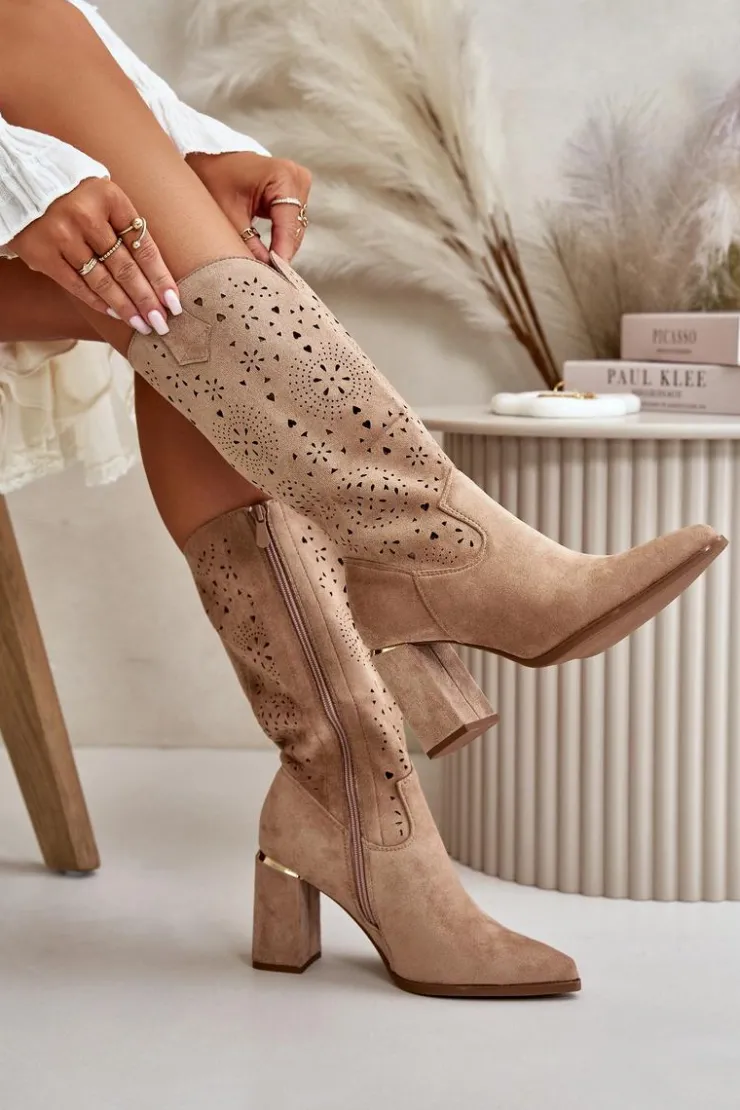 Boto Botki Na Słupku|Botki Ażurowe*Ażurowe Botki Damskie Na Słupku Z Noskami W Szpic Eko Zamszowe Ciemnobeżowe Nevithra