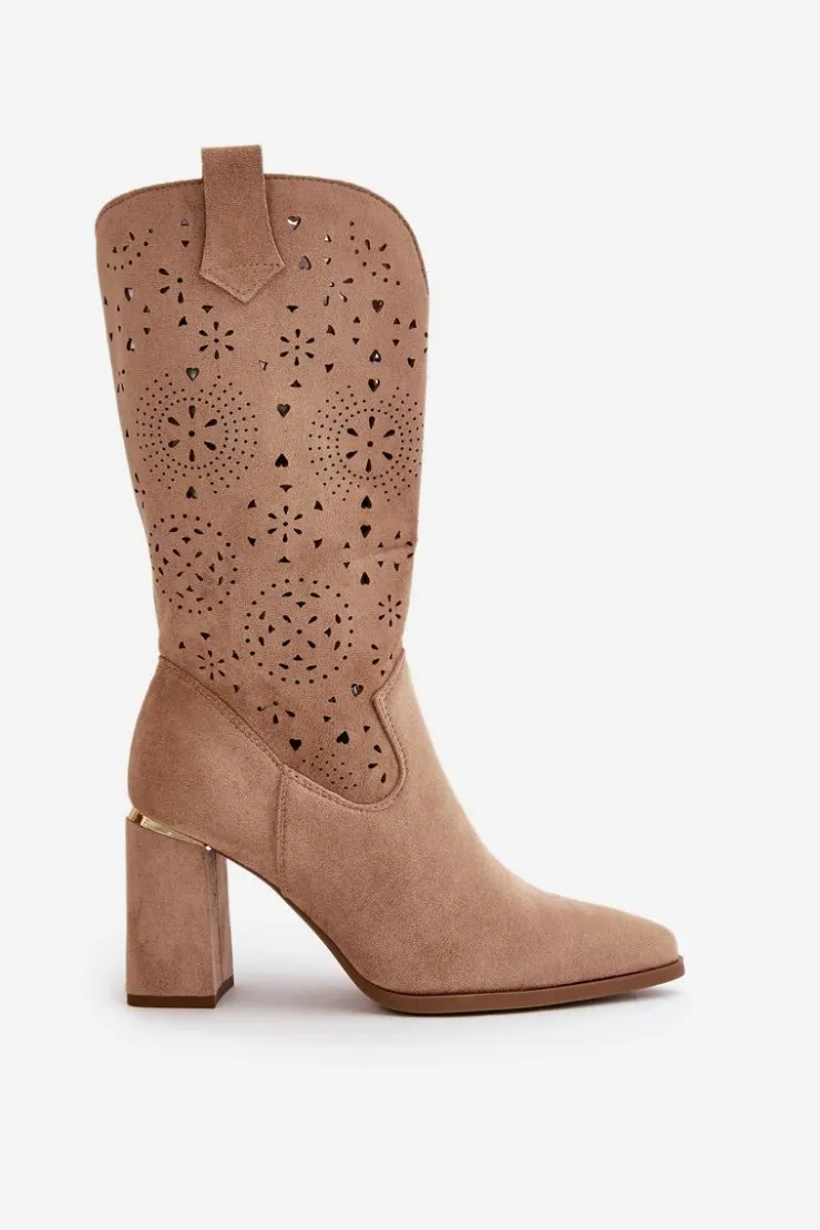 Boto Botki Na Słupku|Botki Ażurowe*Ażurowe Botki Damskie Na Słupku Z Noskami W Szpic Eko Zamszowe Ciemnobeżowe Nevithra