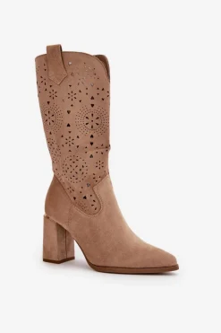 Boto Botki Na Słupku|Botki Ażurowe*Ażurowe Botki Damskie Na Słupku Z Noskami W Szpic Eko Zamszowe Ciemnobeżowe Nevithra