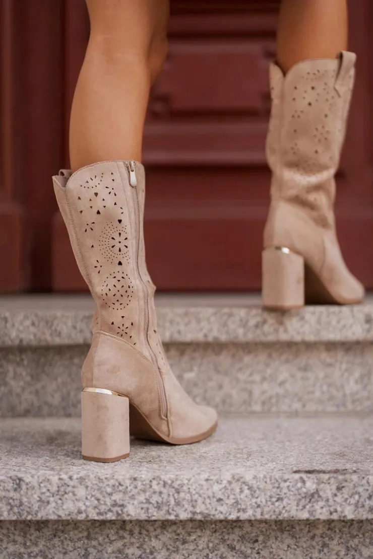 Boto Botki Na Słupku|Botki Ażurowe*Ażurowe Botki Damskie Na Słupku Z Noskami W Szpic Eko Zamszowe Ciemnobeżowe Nevithra