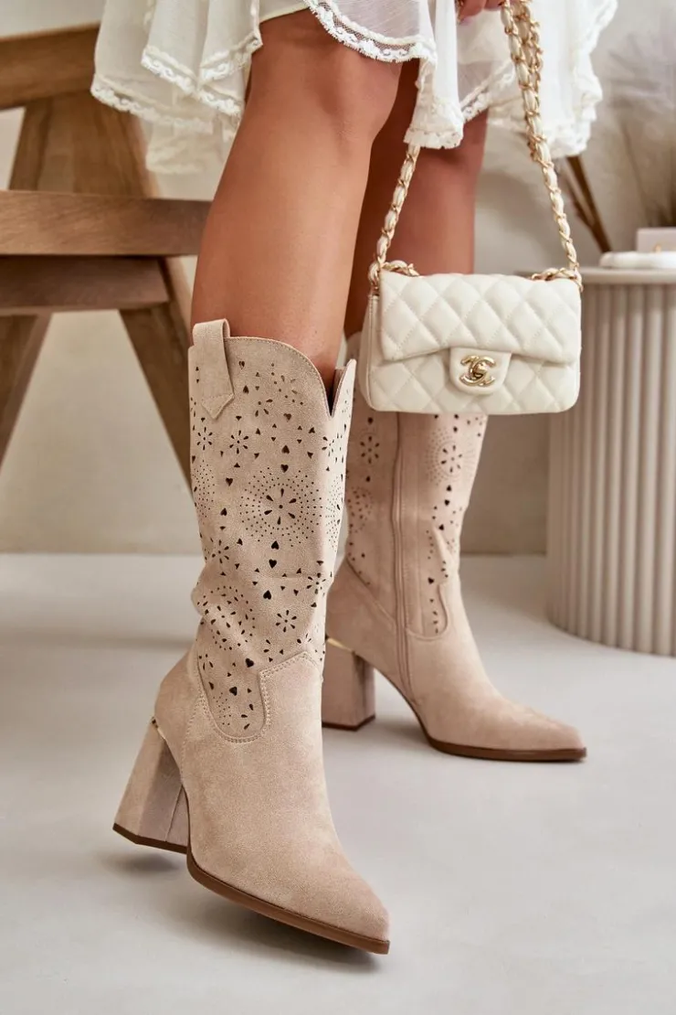 Boto Botki Na Słupku|Botki Ażurowe*Ażurowe Botki Damskie Na Słupku Z Noskami W Szpic Eko Zamszowe Beżowe Nevithra