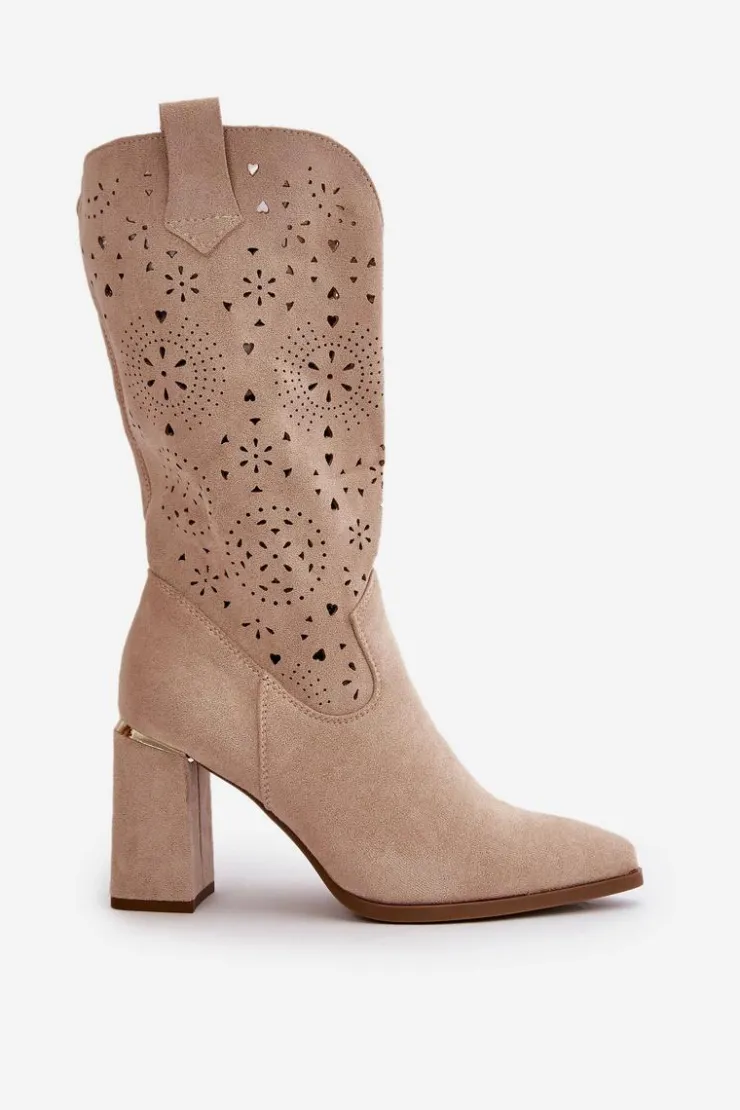 Boto Botki Na Słupku|Botki Ażurowe*Ażurowe Botki Damskie Na Słupku Z Noskami W Szpic Eko Zamszowe Beżowe Nevithra