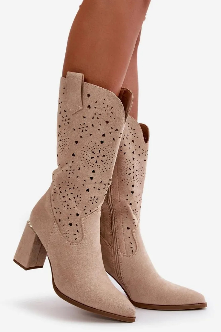 Boto Botki Na Słupku|Botki Ażurowe*Ażurowe Botki Damskie Na Słupku Z Noskami W Szpic Eko Zamszowe Beżowe Nevithra