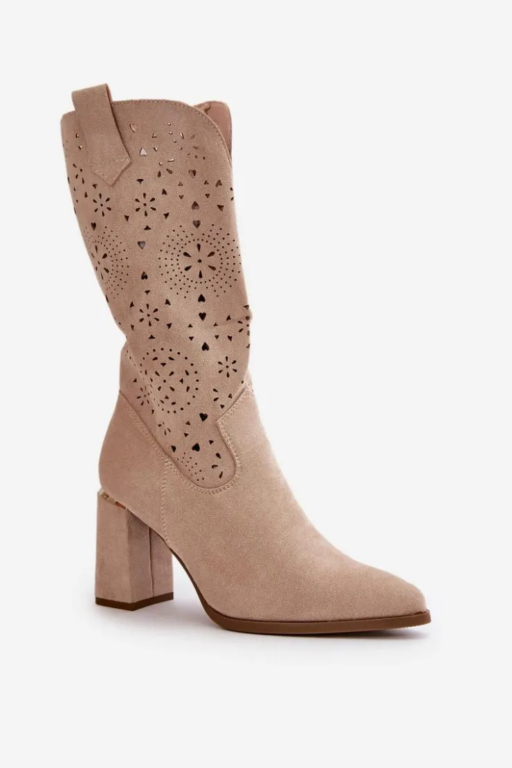 Boto Botki Na Słupku|Botki Ażurowe*Ażurowe Botki Damskie Na Słupku Z Noskami W Szpic Eko Zamszowe Beżowe Nevithra