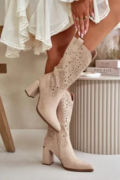 Boto Botki Na Słupku|Botki Ażurowe*Ażurowe Botki Damskie Na Słupku Z Noskami W Szpic Eko Zamszowe Beżowe Nevithra