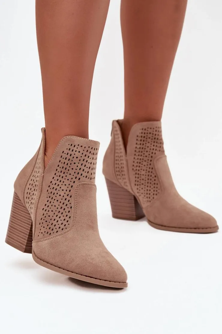 Damskie Damskie buty S.Barski Ażurowe Botki Damskie Na Słupku S.Barski HY51-060 Beżowe