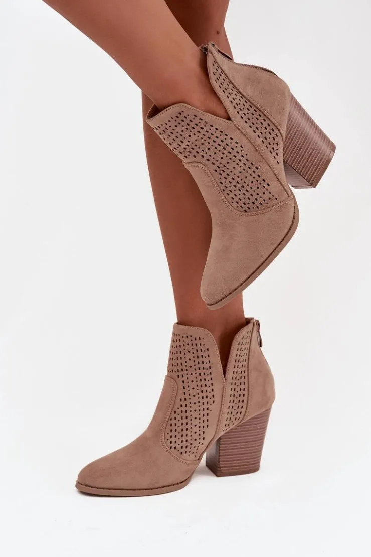 Damskie Damskie buty S.Barski Ażurowe Botki Damskie Na Słupku S.Barski HY51-060 Beżowe