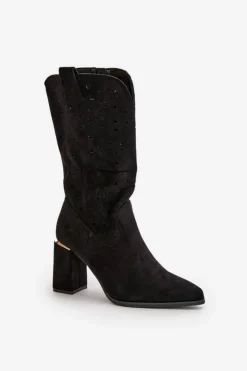 Boto Botki Na Słupku|Botki Ażurowe*Ażurowe Botki Damskie Na Słupku Z Noskami W Szpic Eko Zamszowe Czarne Nevithra Czarny