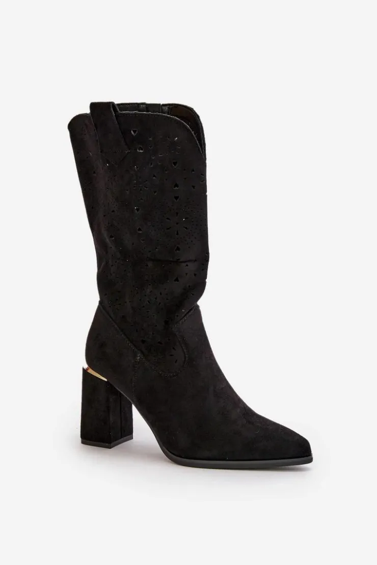 Boto Botki Na Słupku|Botki Ażurowe*Ażurowe Botki Damskie Na Słupku Z Noskami W Szpic Eko Zamszowe Czarne Nevithra Czarny