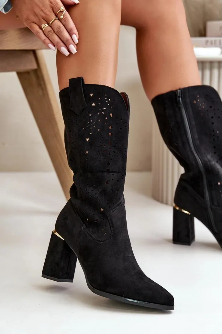 Boto Botki Na Słupku|Botki Ażurowe*Ażurowe Botki Damskie Na Słupku Z Noskami W Szpic Eko Zamszowe Czarne Nevithra Czarny