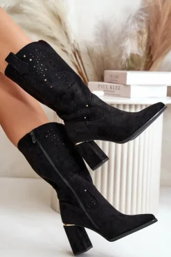 Boto Botki Na Słupku|Botki Ażurowe*Ażurowe Botki Damskie Na Słupku Z Noskami W Szpic Eko Zamszowe Czarne Nevithra Czarny