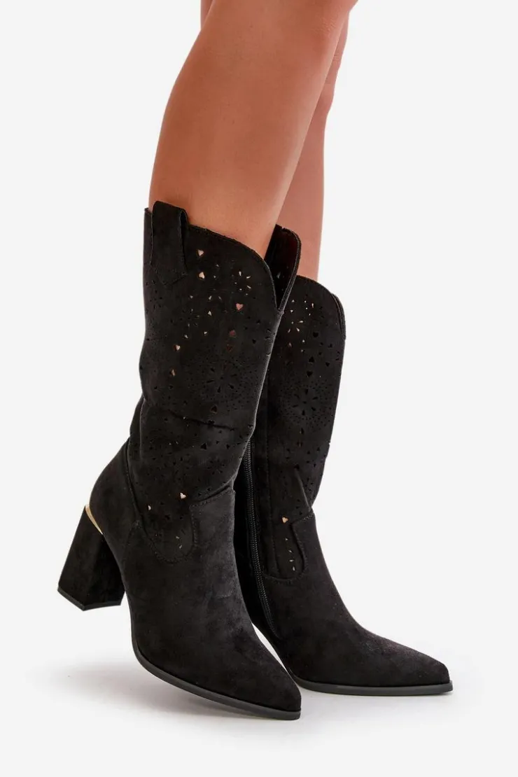 Boto Botki Na Słupku|Botki Ażurowe*Ażurowe Botki Damskie Na Słupku Z Noskami W Szpic Eko Zamszowe Czarne Nevithra Czarny