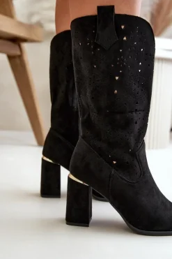 Boto Botki Na Słupku|Botki Ażurowe*Ażurowe Botki Damskie Na Słupku Z Noskami W Szpic Eko Zamszowe Czarne Nevithra Czarny