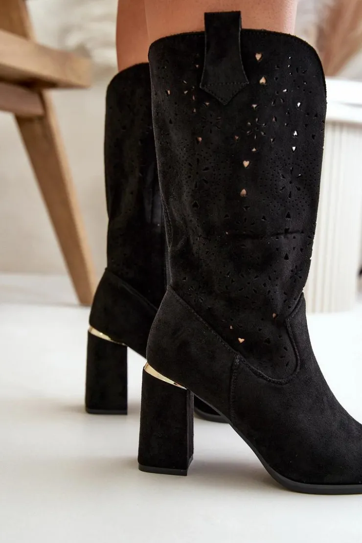 Boto Botki Na Słupku|Botki Ażurowe*Ażurowe Botki Damskie Na Słupku Z Noskami W Szpic Eko Zamszowe Czarne Nevithra Czarny