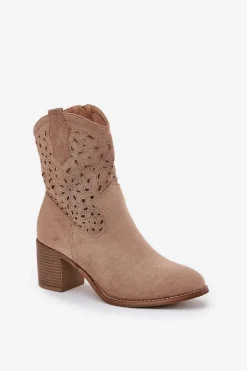 Damskie buty S.Barski Botki Na Słupku|Botki Ażurowe*Ażurowe Botki Kowbojki Damskie Na Obcasie S.Barski HY51-125 Beżowe Beżowy