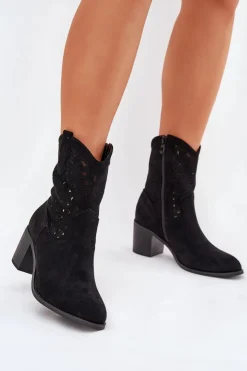 Damskie Damskie buty S.Barski Ażurowe Botki Kowbojki Damskie Na Obcasie S.Barski HY51-125 Czarne