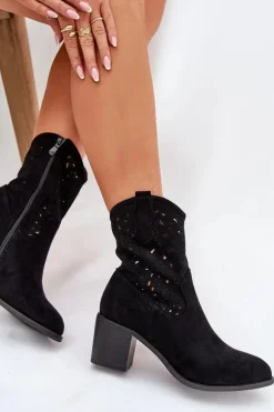 Damskie Damskie buty S.Barski Ażurowe Botki Kowbojki Damskie Na Obcasie S.Barski HY51-125 Czarne