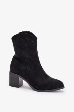 Damskie Damskie buty S.Barski Ażurowe Botki Kowbojki Damskie Na Obcasie S.Barski HY51-125 Czarne