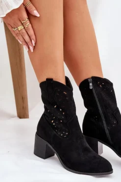 Damskie Damskie buty S.Barski Ażurowe Botki Kowbojki Damskie Na Obcasie S.Barski HY51-125 Czarne