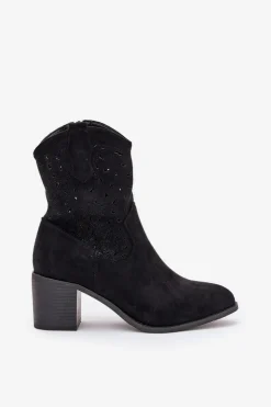 Damskie Damskie buty S.Barski Ażurowe Botki Kowbojki Damskie Na Obcasie S.Barski HY51-125 Czarne