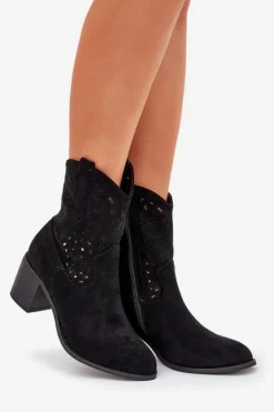 Damskie Damskie buty S.Barski Ażurowe Botki Kowbojki Damskie Na Obcasie S.Barski HY51-125 Czarne