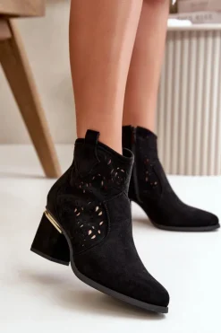 Damskie Boto Ażurowe Botki Kowbojki Na Słupku Zapinane Na Zamek Czarne Vosilara