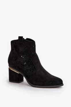 Damskie Boto Ażurowe Botki Kowbojki Na Słupku Zapinane Na Zamek Czarne Vosilara
