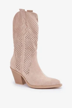 Boto Botki Na Słupku|Botki Ażurowe*Ażurowe Botki Kowbojki Na Słupku Jasnobeżowe Salive