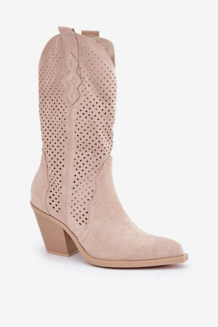 Boto Botki Na Słupku|Botki Ażurowe*Ażurowe Botki Kowbojki Na Słupku Jasnobeżowe Salive
