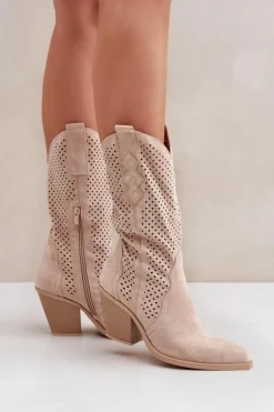 Boto Botki Na Słupku|Botki Ażurowe*Ażurowe Botki Kowbojki Na Słupku Jasnobeżowe Salive
