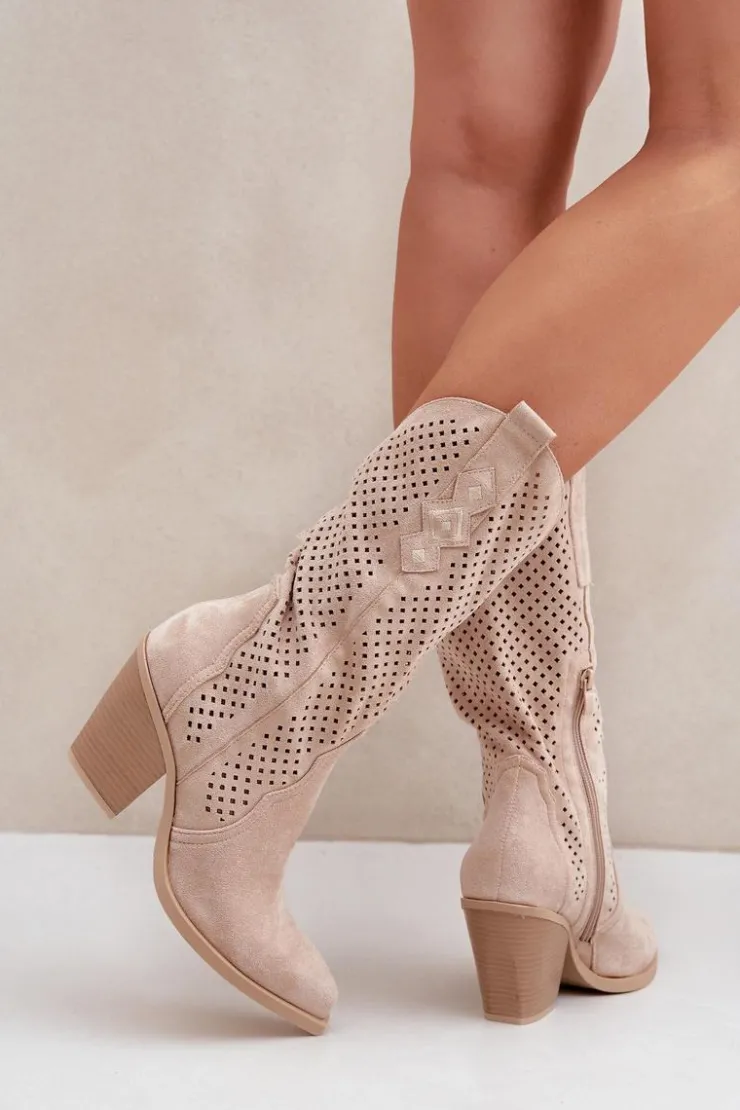 Boto Botki Na Słupku|Botki Ażurowe*Ażurowe Botki Kowbojki Na Słupku Jasnobeżowe Salive