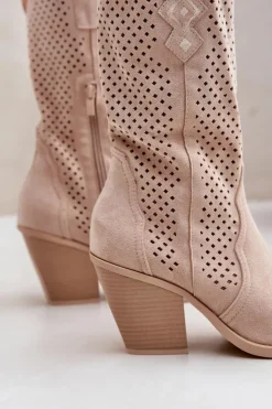 Boto Botki Na Słupku|Botki Ażurowe*Ażurowe Botki Kowbojki Na Słupku Jasnobeżowe Salive