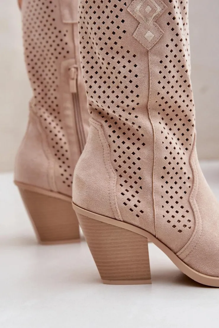 Boto Botki Na Słupku|Botki Ażurowe*Ażurowe Botki Kowbojki Na Słupku Jasnobeżowe Salive