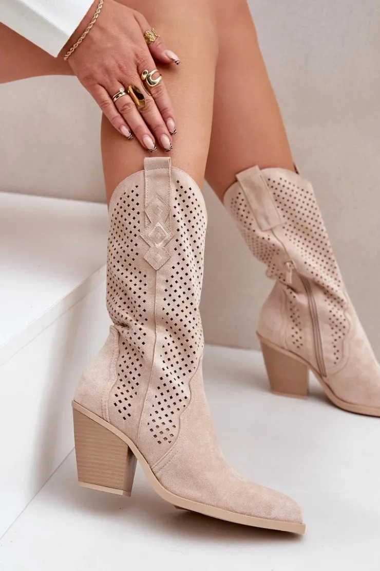 Boto Botki Na Słupku|Botki Ażurowe*Ażurowe Botki Kowbojki Na Słupku Jasnobeżowe Salive