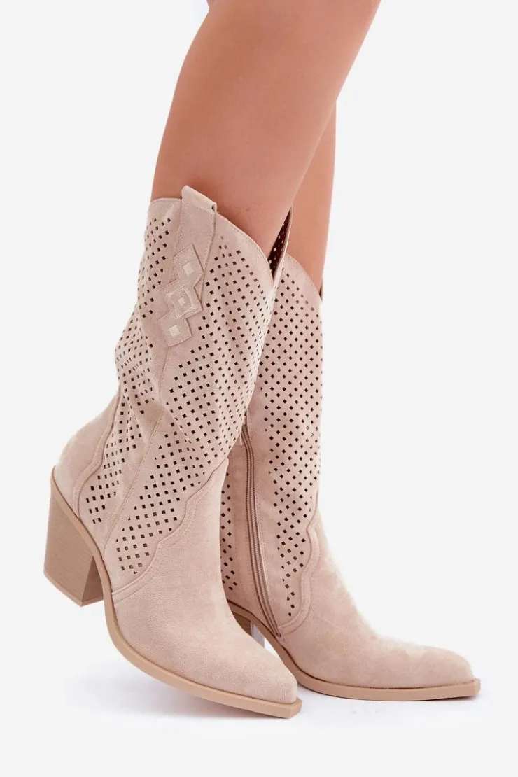 Boto Botki Na Słupku|Botki Ażurowe*Ażurowe Botki Kowbojki Na Słupku Jasnobeżowe Salive
