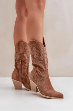 Damskie Boto Ażurowe Botki Kowbojki Na Słupku Brązowe Salive