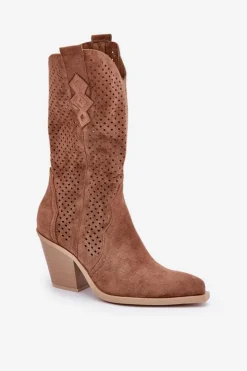 Damskie Boto Ażurowe Botki Kowbojki Na Słupku Brązowe Salive