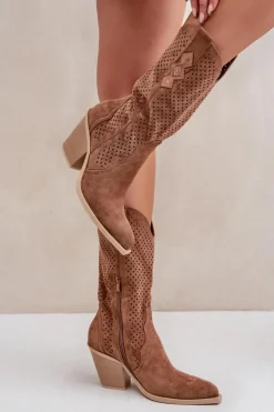 Damskie Boto Ażurowe Botki Kowbojki Na Słupku Brązowe Salive