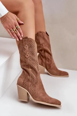 Damskie Boto Ażurowe Botki Kowbojki Na Słupku Brązowe Salive