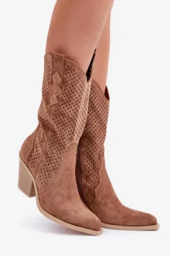 Damskie Boto Ażurowe Botki Kowbojki Na Słupku Brązowe Salive