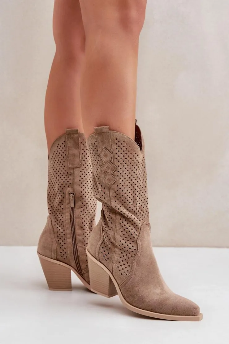 Outlet Boto Ażurowe Botki Kowbojki Na Słupku Ciemnobeżowe Salive