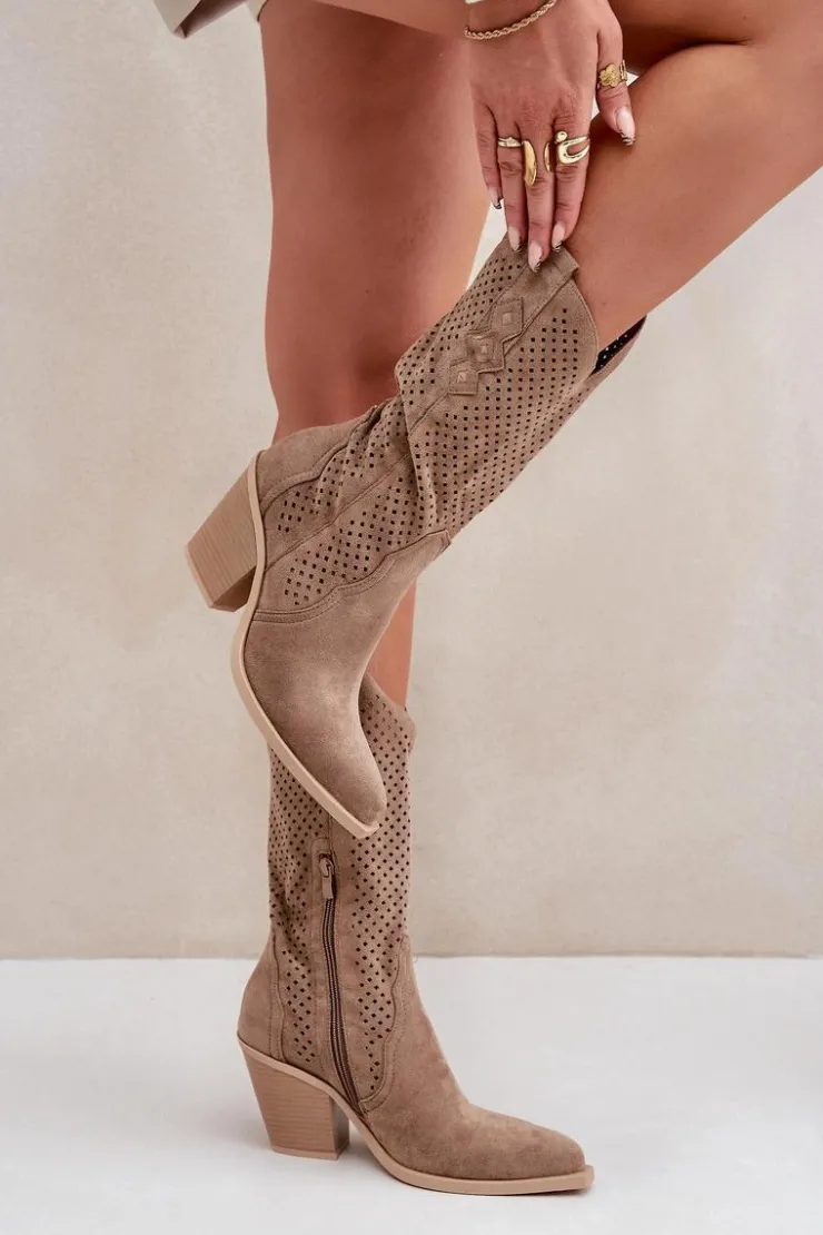 Outlet Boto Ażurowe Botki Kowbojki Na Słupku Ciemnobeżowe Salive