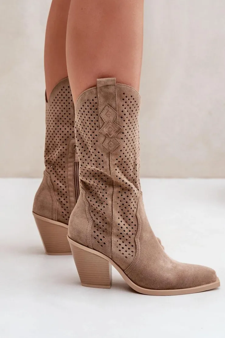 Outlet Boto Ażurowe Botki Kowbojki Na Słupku Ciemnobeżowe Salive