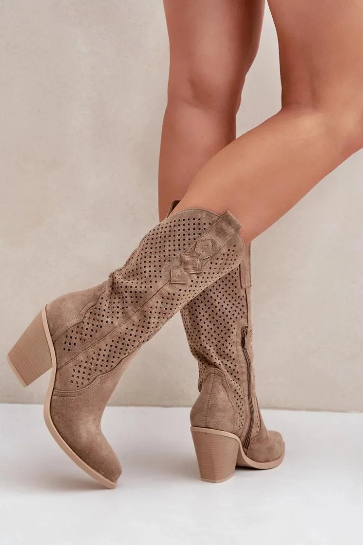 Outlet Boto Ażurowe Botki Kowbojki Na Słupku Ciemnobeżowe Salive