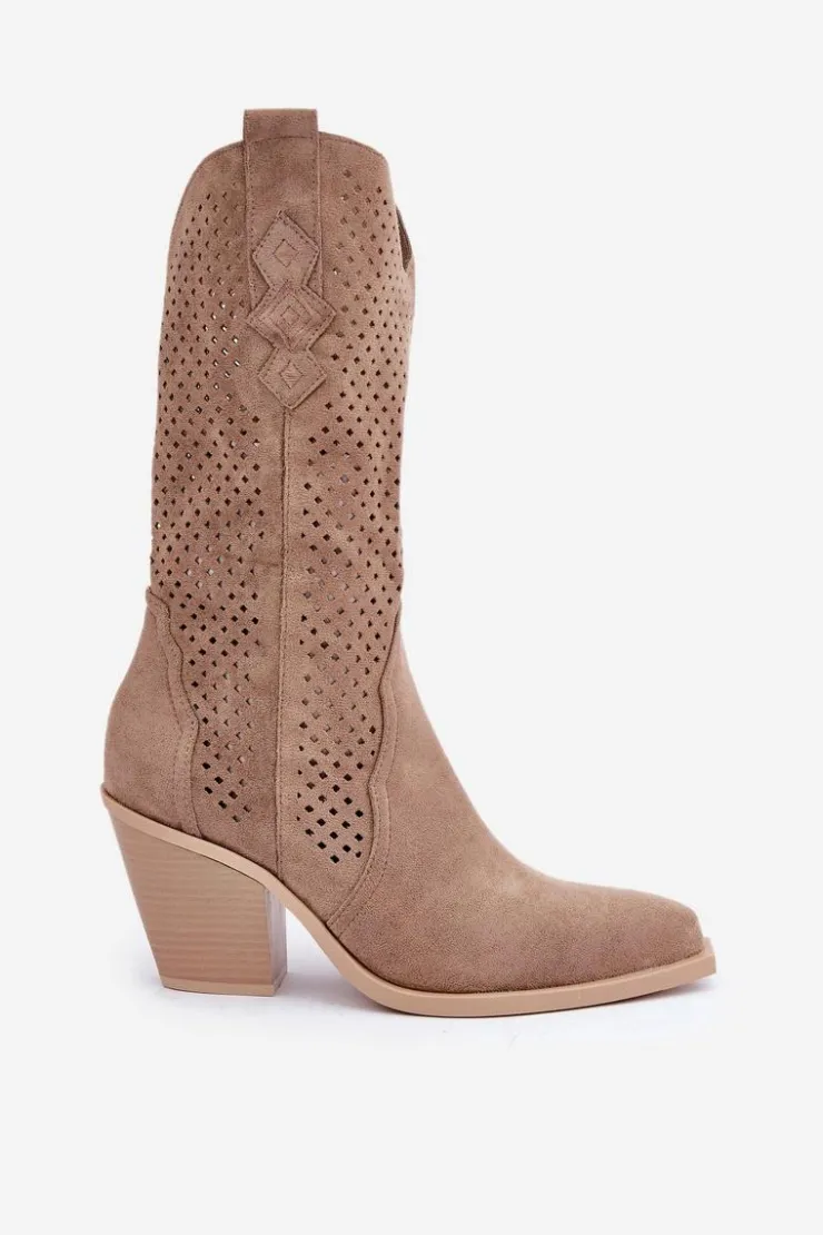 Outlet Boto Ażurowe Botki Kowbojki Na Słupku Ciemnobeżowe Salive