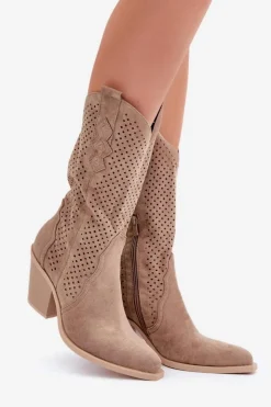 Outlet Boto Ażurowe Botki Kowbojki Na Słupku Ciemnobeżowe Salive