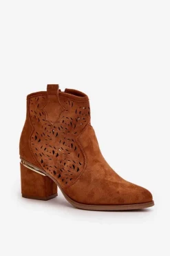 Damskie Boto Ażurowe Botki Kowbojki Na Słupku Zapinane Na Zamek Camel Vosilara