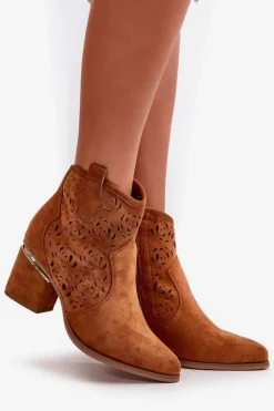 Damskie Boto Ażurowe Botki Kowbojki Na Słupku Zapinane Na Zamek Camel Vosilara