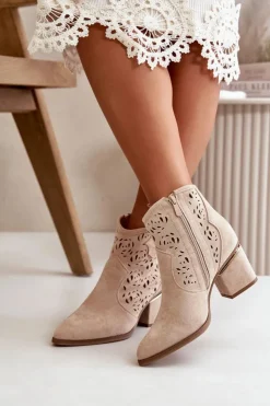 Outlet Boto Ażurowe Botki Kowbojki Na Słupku Zapinane Na Zamek Beżowe Vosilara